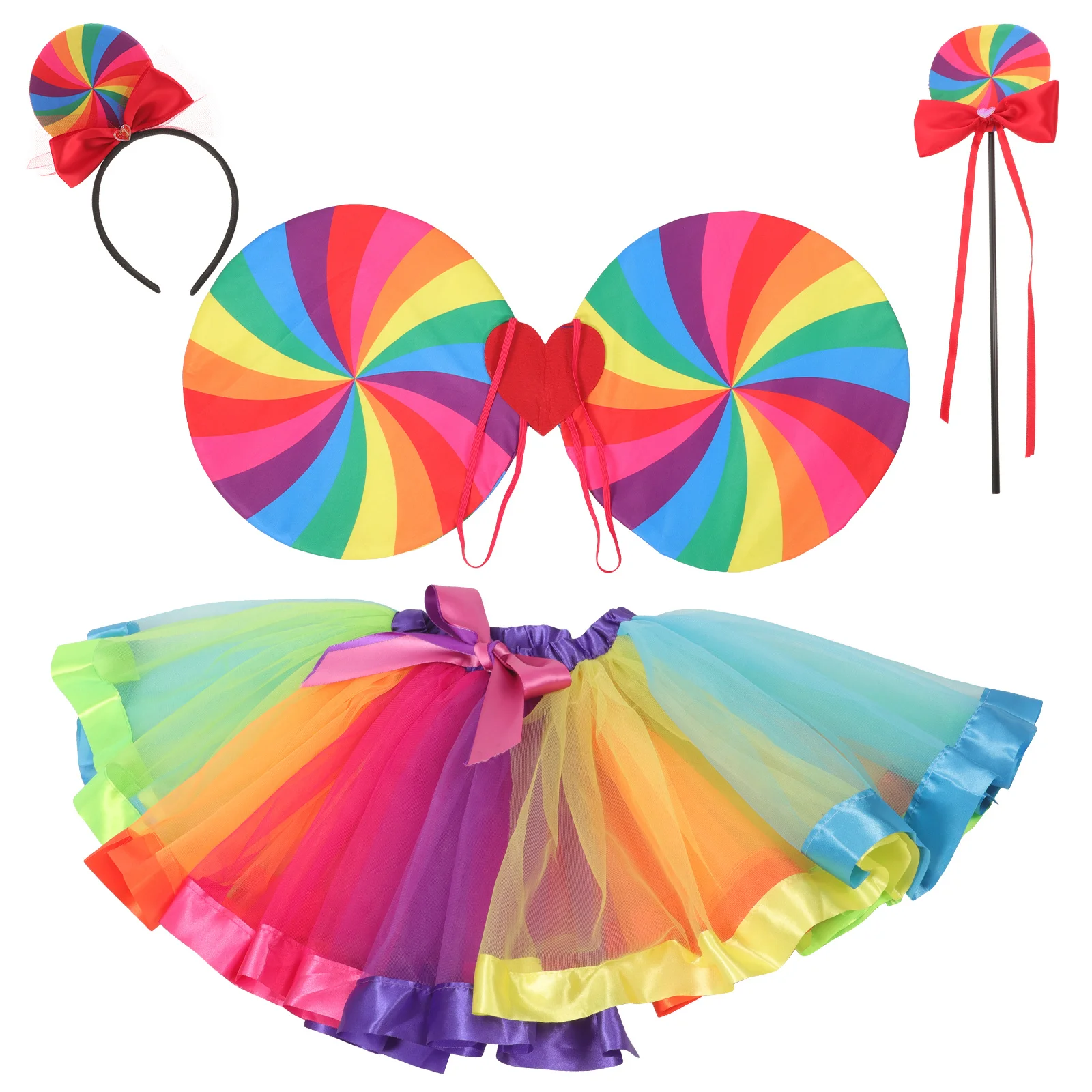 1 ensemble de Costume arc-en-ciel, jupe, bandeau, ailes, accessoires de Cosplay, fournitures de robe de Costume de fête pour enfants, ailes de Cosplay