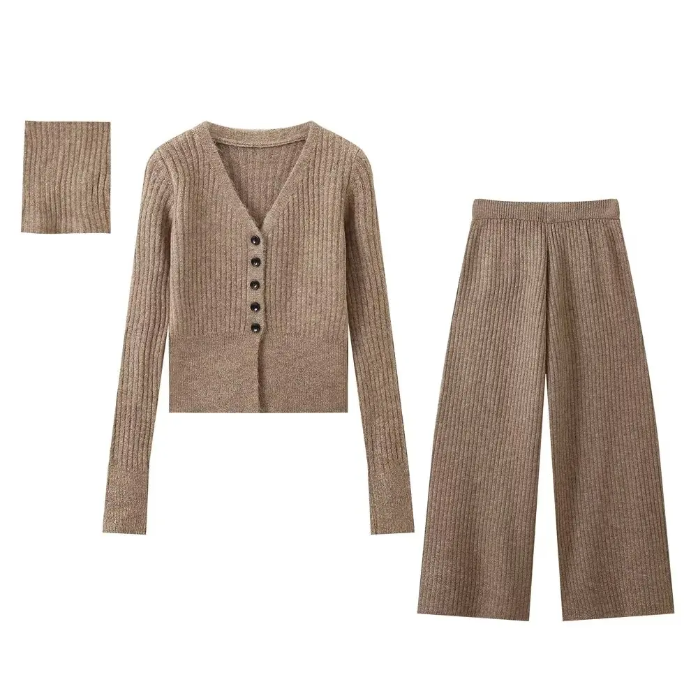 Tangada 2024 Women thick soft knit cardigan suit 2 pieces sets solid cardigan and long knitted pants suits 6H333