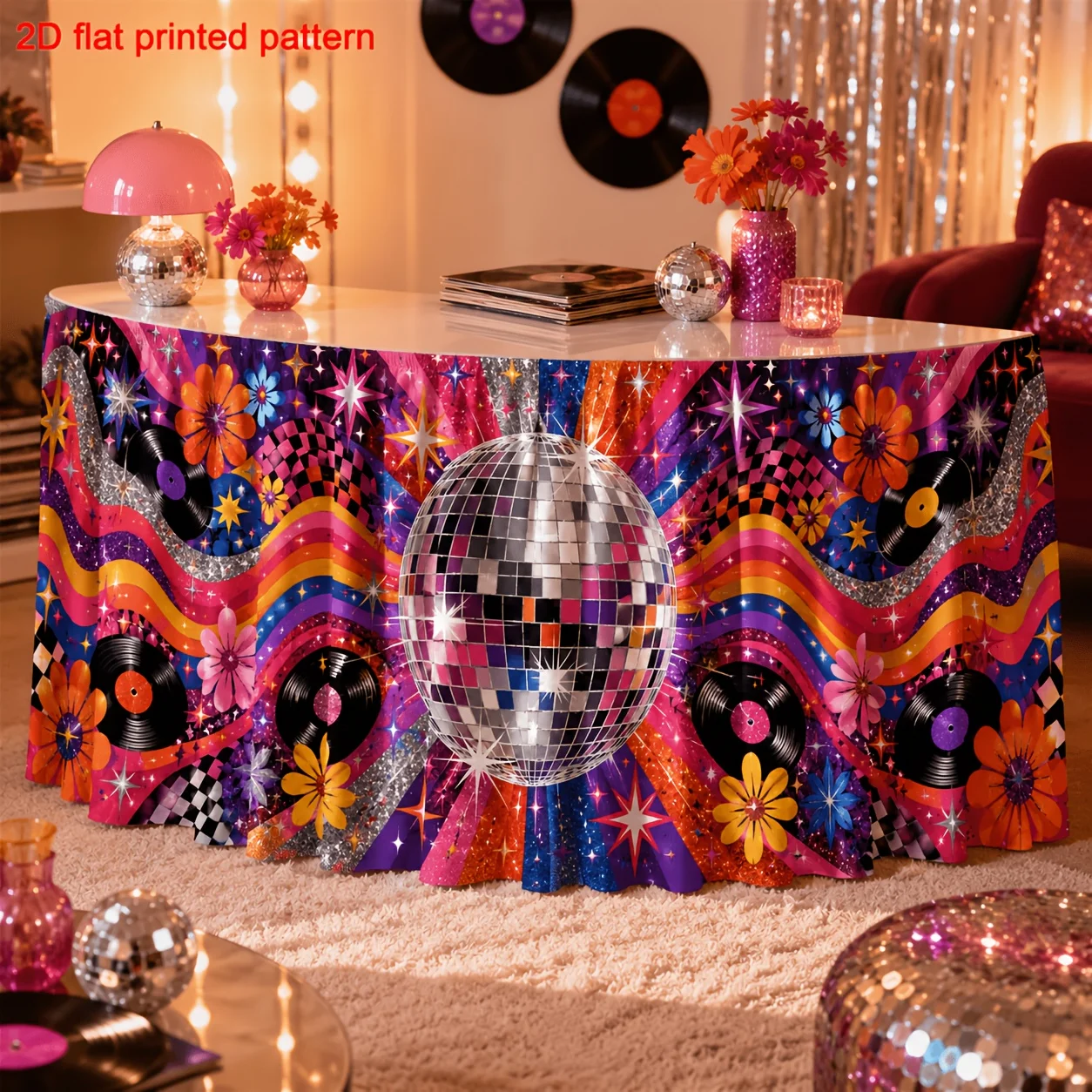 One table skirt. Polyester retro disco print table skirt. Ball lens. Vinyl record. Colorful waves. Flowers.