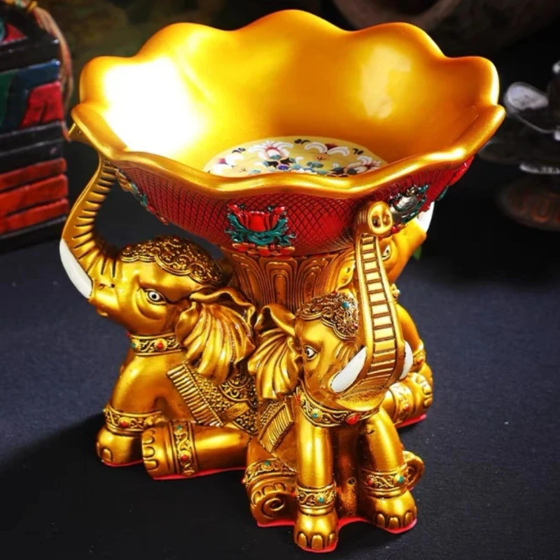 Tibetan Colour Resin Fruit Dish,Tantra Engraving Three Elephants Basin,Buddha Religious Item Tray Altars Desktop Decorative,20cm