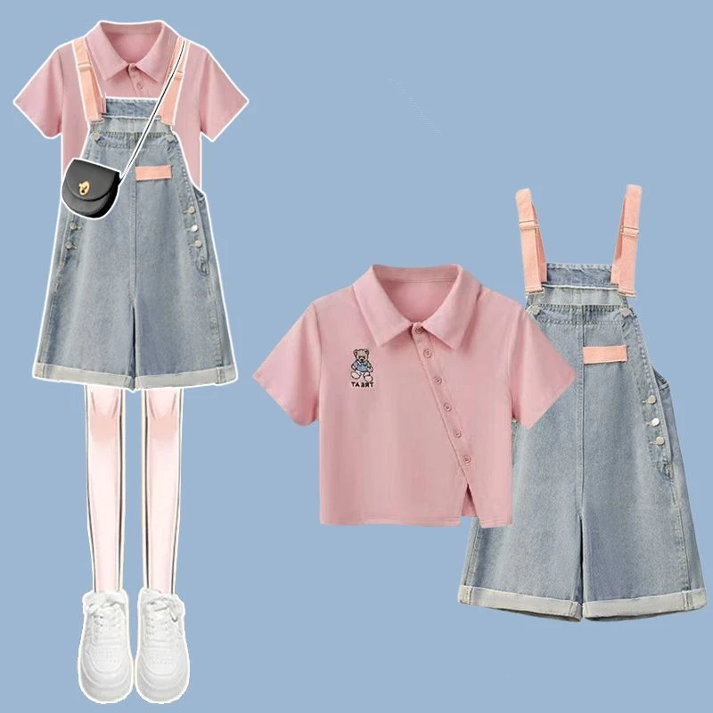 New Women Daily Stripe Short T Shirts Denim Overall Short Pants 1 or 2 Piece Set Korean Girls Sweet Pink Tops Jeans Suits 2023