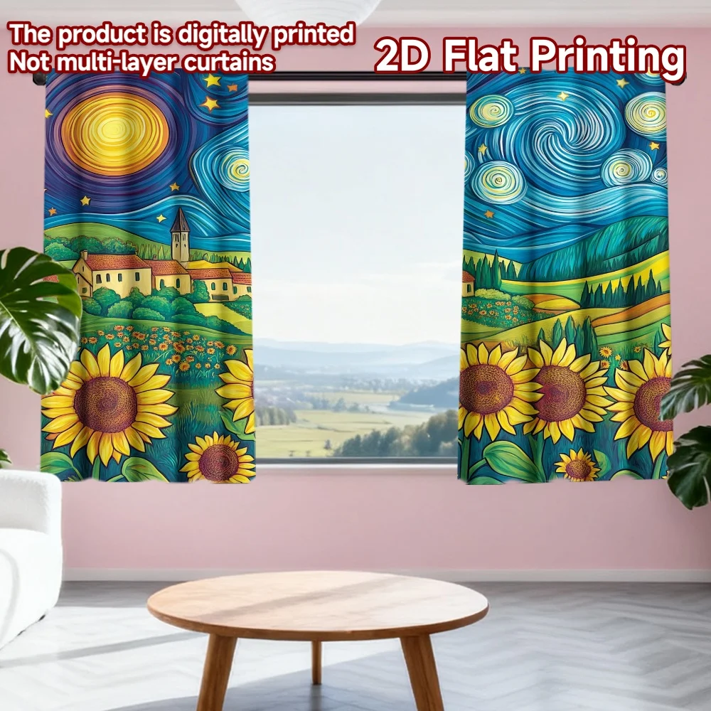 

2D flat printing 2pcs Curtain Starry Night Sunflower Field Digital Printed Polyester Drapes Party Decorations for Parties and