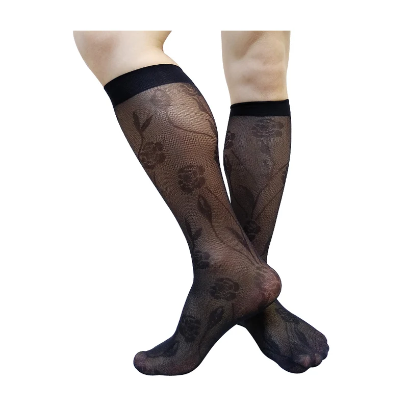 Floral Print Men's Knee-High Formal Socks Breathable Soft  Sexy Stocking Lingerie See-Through Male Dress Suit Black