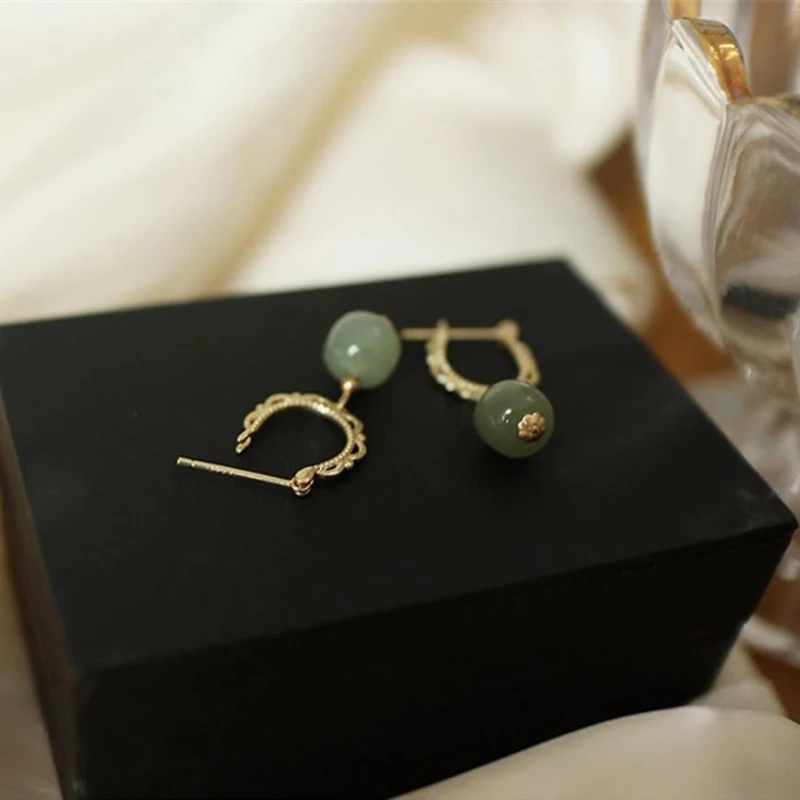925 Plated Stamp Gold Color Hotan Jade Earrings for Women Girl Lace Fairy Gentle Palace Style Jewelry