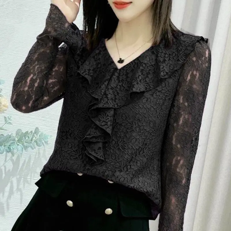 Fashion Solid Color Lace Hollow Out Ruffles Blouses Women\'s Clothing 2023 Autumn Winter Loose Casual Tops Flare Sleeve Shirts