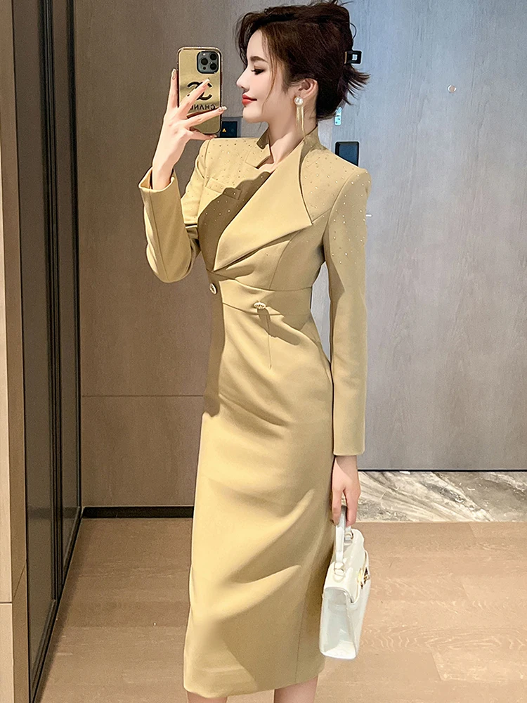 French OL Professional Dress for Women Elegant Chic Bright Rhinestone Slit Robe Female Business Conference Party Vestidos Mujer