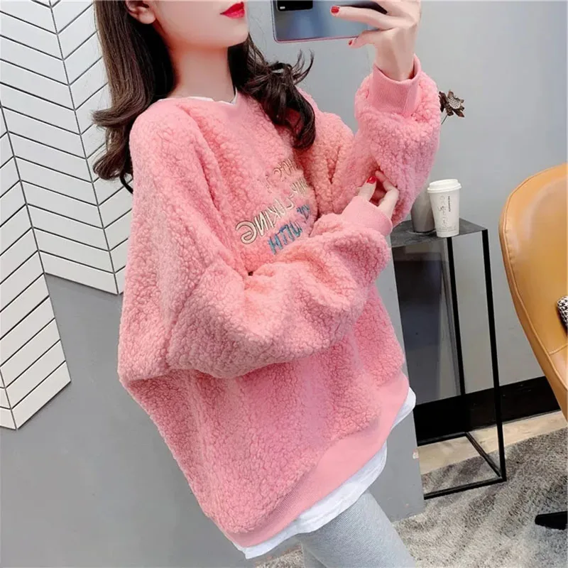 

2023 Autumn Winter Fashion Two Fake Pieces Printing Letter Plush Sweatshirts Women New Long Sleeve Embroidery Thickening Top