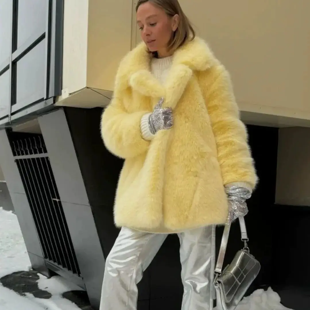 معطف فرو نسائي متوسط الطول صديق للبيئة دافئ للخريف والشتاء، ياقة مثل الثعلب، ياقة أنيقة ومريحة #3