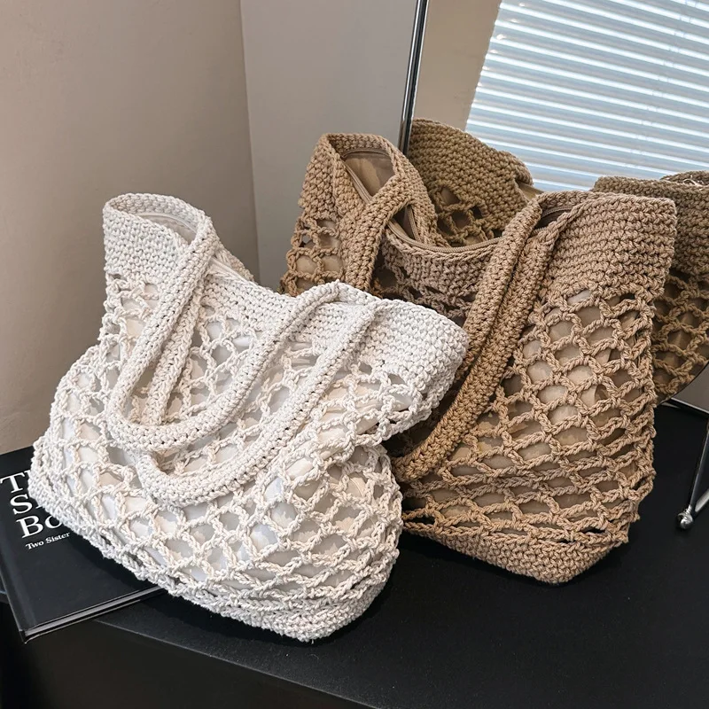 

New Vintage Flowers Handmade Knitting Crochet Shoulder Bag Knitted Handbags Luxury Tote Women Designer Female Hand Bag