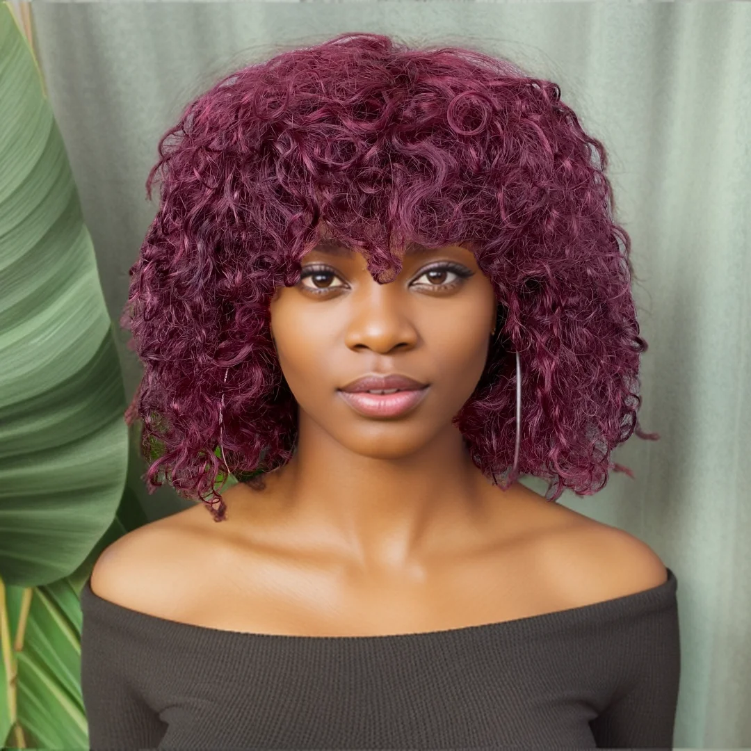 

Парик из натуральных волос Remy 99J Deep Wave, короткий, с челкой, машинной работы