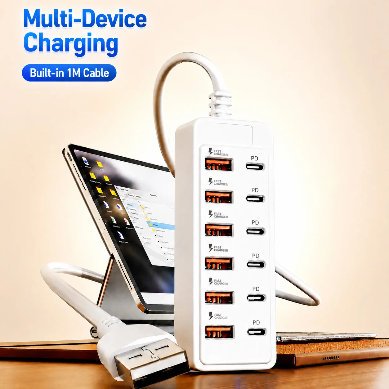 12 in 1 Power Strip Desktop Charging Station USB Hub Fast Charger 1M Cord Multi Socket Adapter for Home Office Mobile Devices