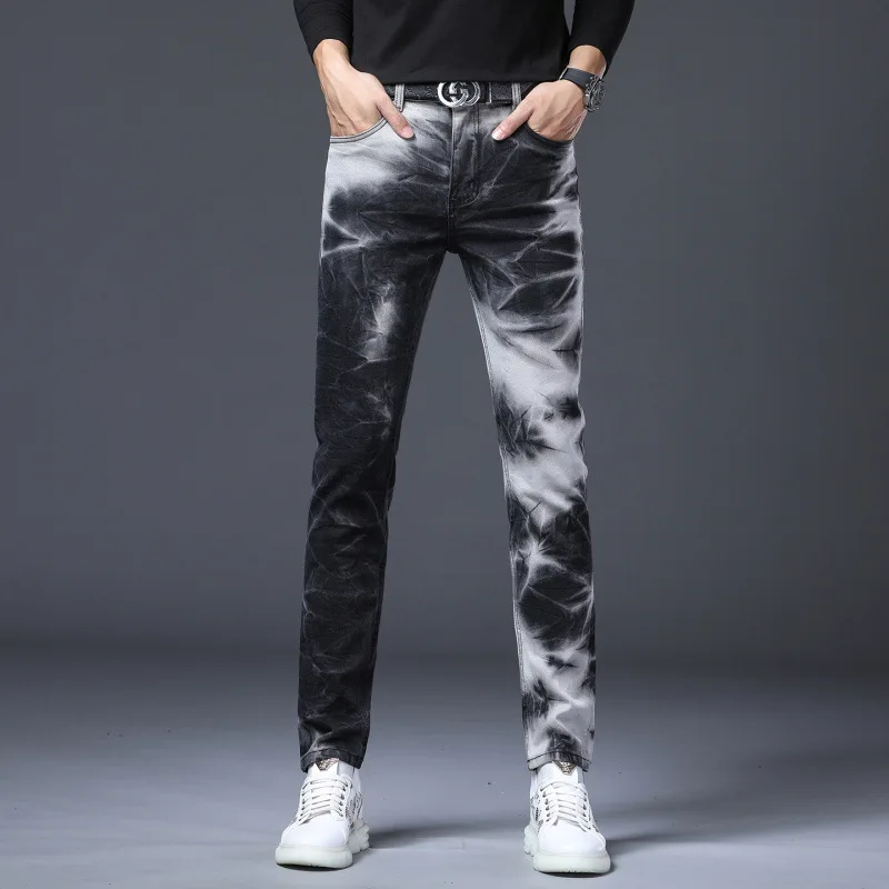 Pantalones vaqueros con tinte anudado de tinta salpicada para hombre, pantalones largos rectos ajustados de gama alta, diseño de moda de lujo, otoño e invierno, 2025