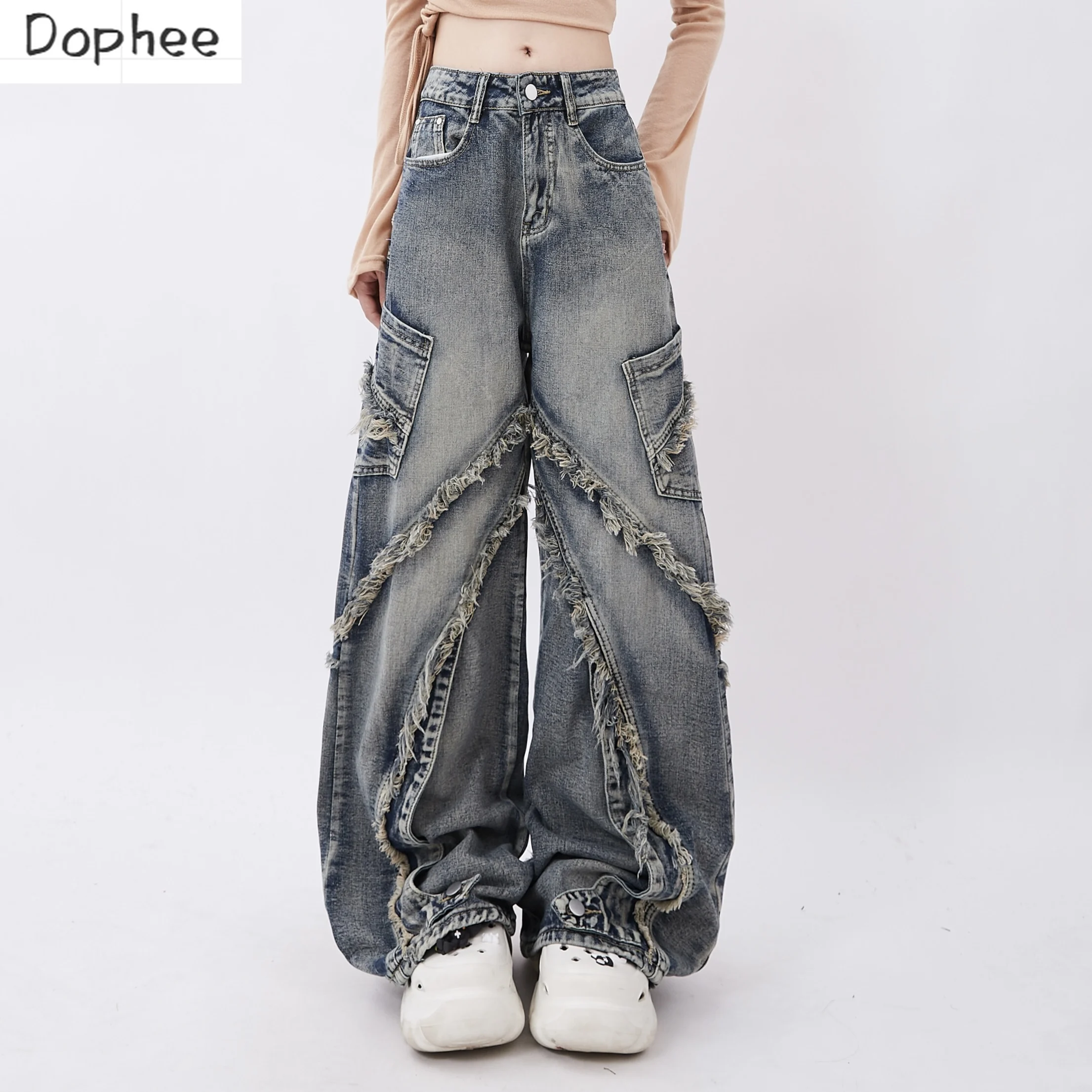 Dophee Jeans for Women New Autumn Vintage Washing Tassel All-match Straight Pants Spice Girls Streetwear Loose Denim Trousers