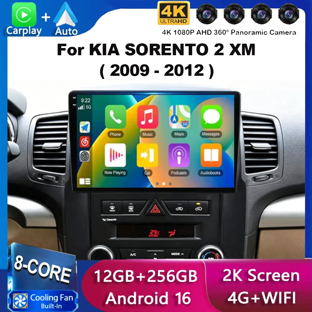 10 Inch Carplay Android 16 Car Radio For KIA SORENTO 2 XM 2009 - 2012 Multimedia Player Touch 4G Wifi Intelligent System Display