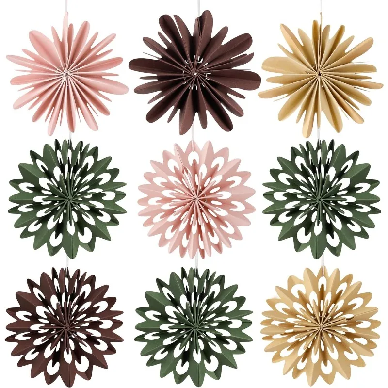 

9Pcs Christmas Hanging Decorations, 3D Paper Tree & Snowflake in Pink Green Brown, Boho Xmas Decor for Indoor Outdoor Party Home