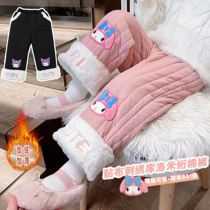 Anime Sanrio Kuromi Kawaii Girl Cotton Trousers Winter Thickened Velvet Warm Casual Baby Outer Pant Cartoon Cute Toddler Clothes