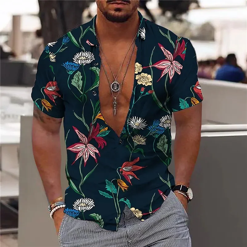 Men\'s Flower Pattern Hawaiian Floral Shirt Elegant Society Social Casual Vacation Slim Fit Fashion Tight Y2k Harajuku Clothing