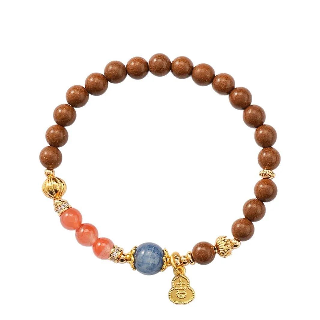 New Chinese Style Bracelet Hand-Strung Beads Bing Piao Nanhong He Xiang Beads Nanhong Agate Blue Crystal Stone Gourd Pendant