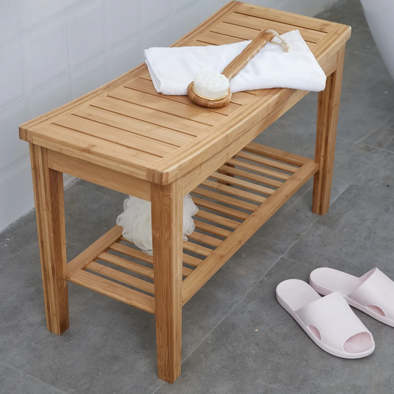 Bamboo Shower Bench Anti Slip Thickening Shower Stool with Storage Shelf Spa Bath Seat for Bathroom Organizer Hallway Bench