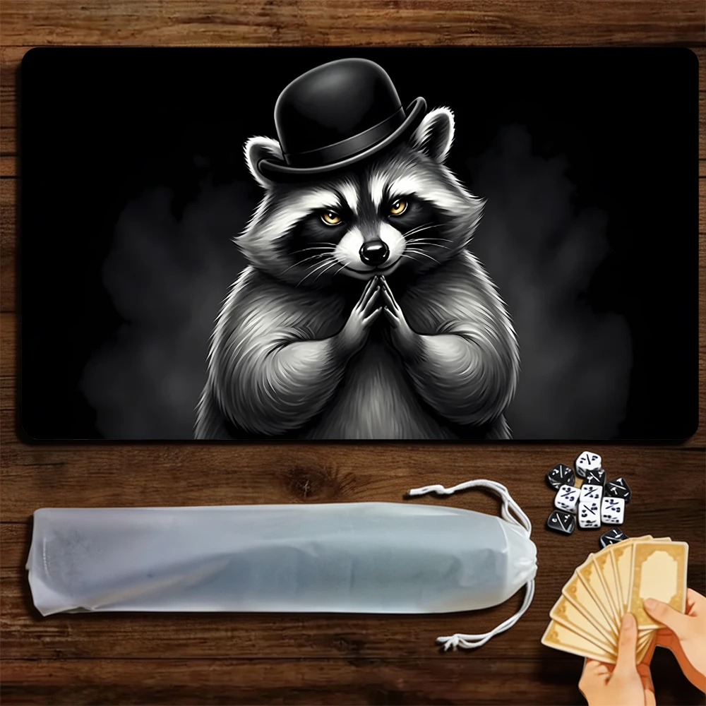 Black Raccoon Gentleman TCG Playmat Magic Playmat Gathering Gaming Mat with Stitched Edge Anti-slip base Trading Card Game