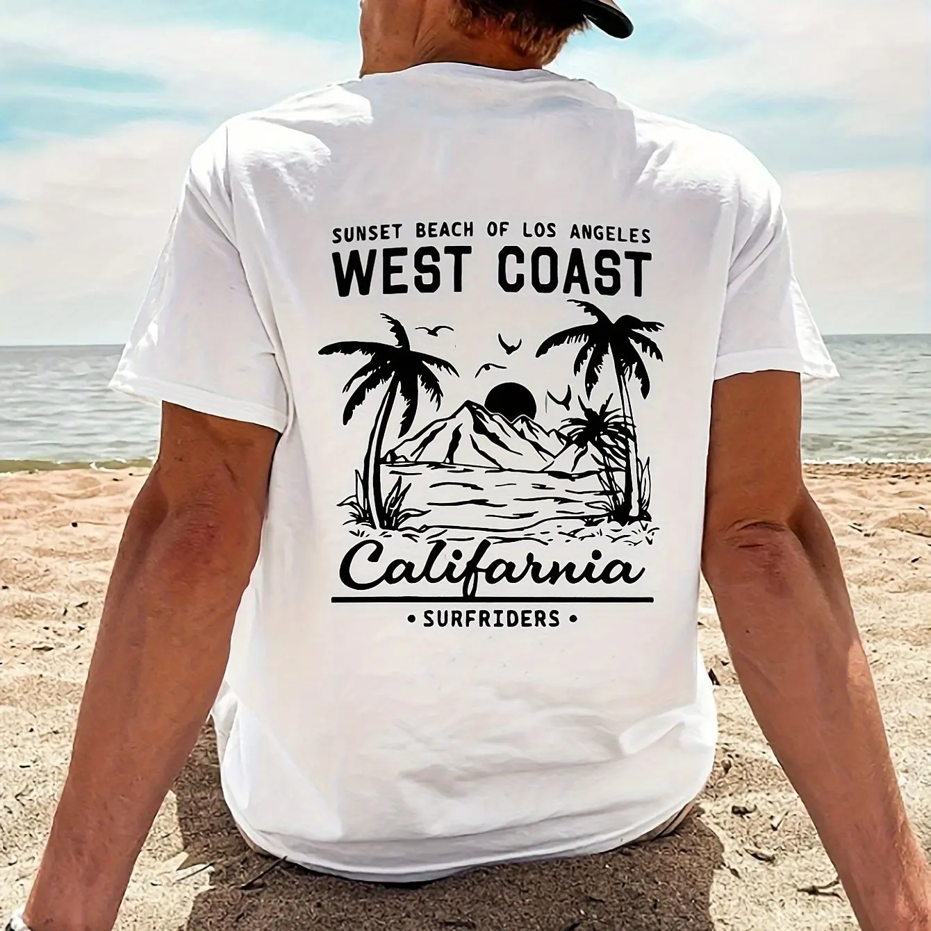 Men Vintage California Beach Surf T-shirt White Vintage Surf Graphics with West Coast Surf and Malibu Letters Men Clothing