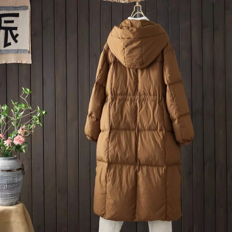 Medium Length Hooded Duck Down Jacket for Female, Thick Warm Coat, Loose, Double Pocket, 90 White, New, Winter