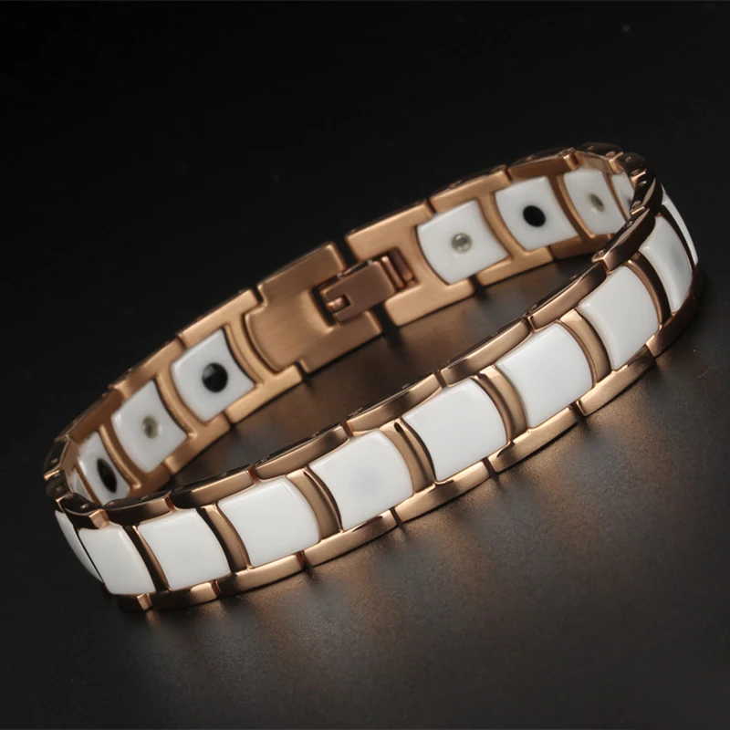 12mm Punk Black White Ceramic Magnetic Health Bracelet Men Women Gold Color Stainless Steel Bike Chain Energy Bangle  Jewelry