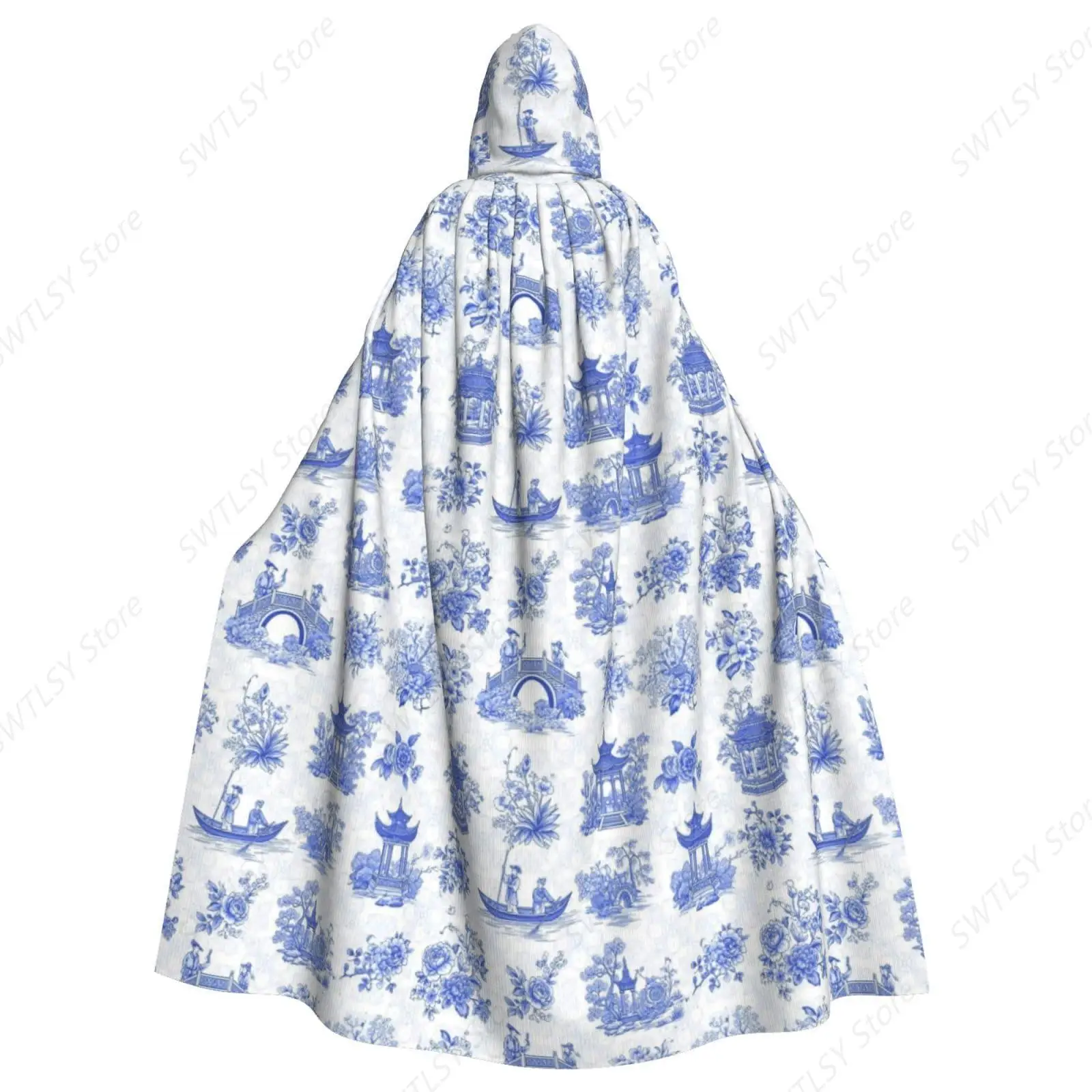 Hooded Witch Costume Cloak Witches Cape Outfits Dress Up Compatible with Chinese Style Powder Blue Chinoiserie Toile