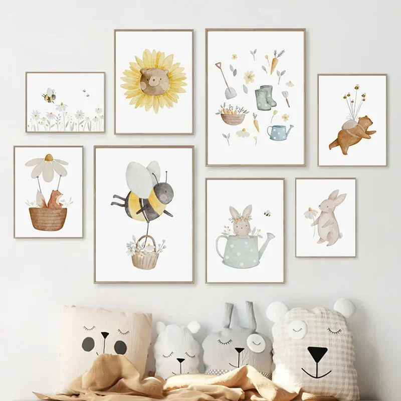 Unframe Boho Cartoon Farm Animals Wall Art Canvas Painting Rabbit Bear Bee Flower Posters and Prints Pictures for Baby Kids Room