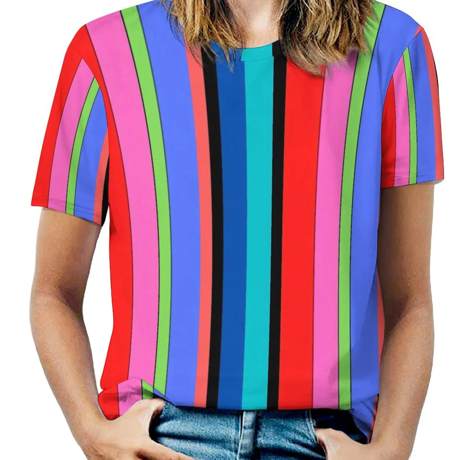 Big Size Colorblock Print T-Shirts Rainbow Pinstripe Basic T-Shirt Short-Sleeve Women Retro Tee Shirt Summer Custom Clothes