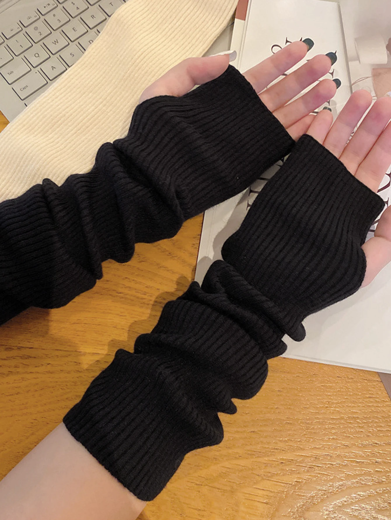 Guantes sin dedos para mujer, calentadores de brazo de manga larga tejidos para invierno, cálidos, Color sólido, moda extendida, accesorios para brazos