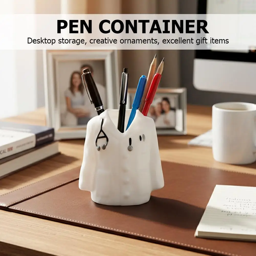 Novelty White Coat Pen Holder Multifunctional Desk Organizer Plastic Storage Box for Pen Makeup Brush Lipstick
