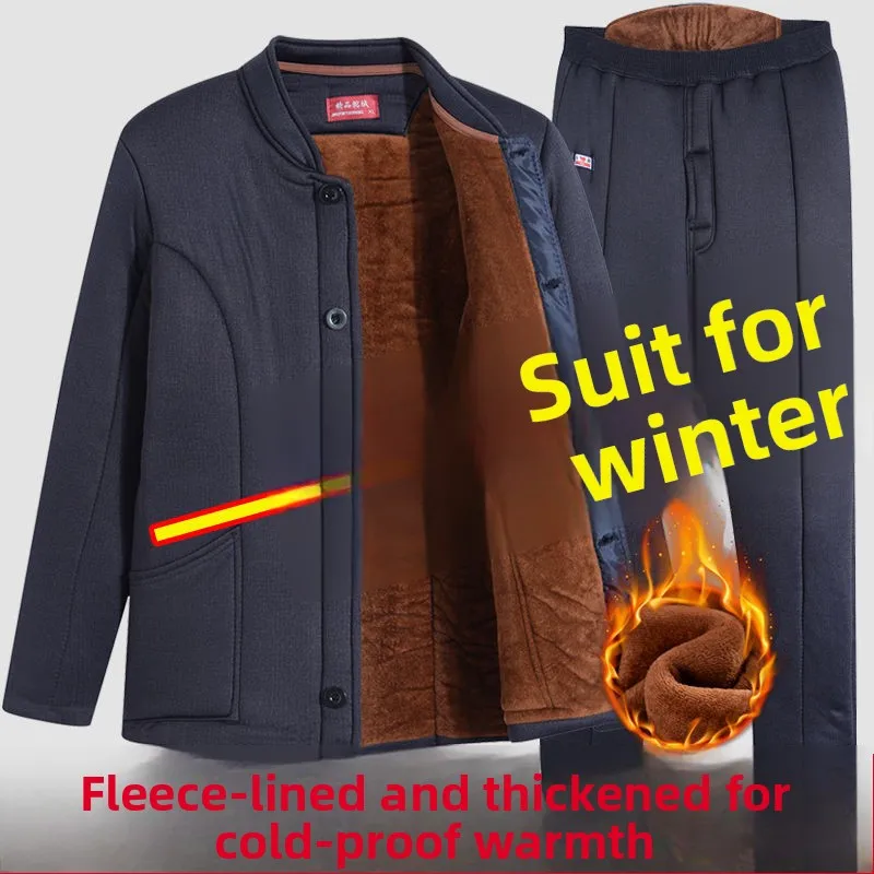 

Men's Winter Fce Lined Cotton Jaet And Pants Set Warm Home Wear Thiened Regular Fit Senior Citizens Two Piece Suit