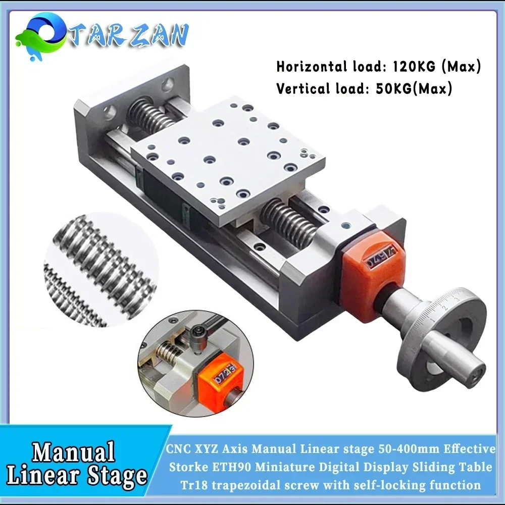 Manual Sliding Table 50-1000mm Stroke T-type Screw Linear Guide Stage Digital Display Position Counter Handwheel 120KG Load CNC