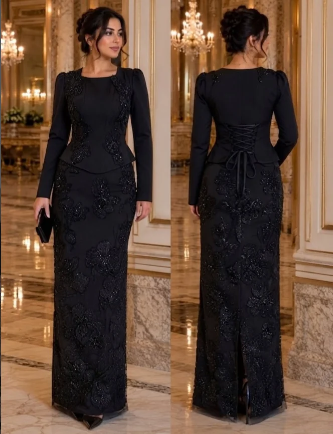Black Mother of the Brides Dresses Saudi Arab Evening Dresses  Long Sleeves Beading Appliques Arabic Godmother Dress Customized view 3