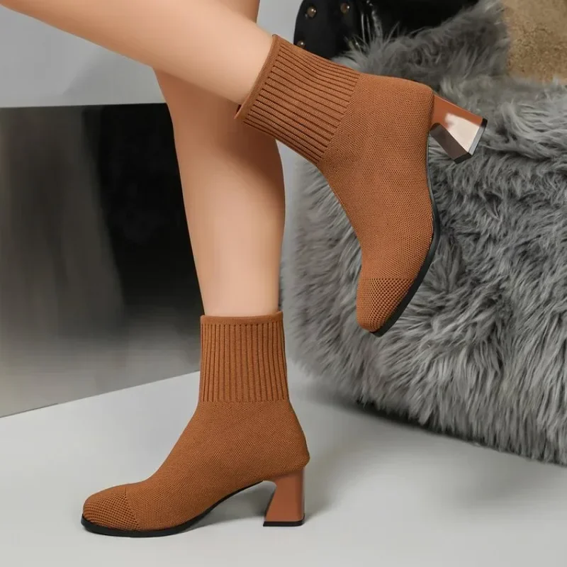 Botines de Mujer con Tacón de Punto, Tacones Altos, Modelos de Primavera, Otoño e Invierno, Beige y Negro, Botines de Moda con Calcetines Elásticos para Mujer