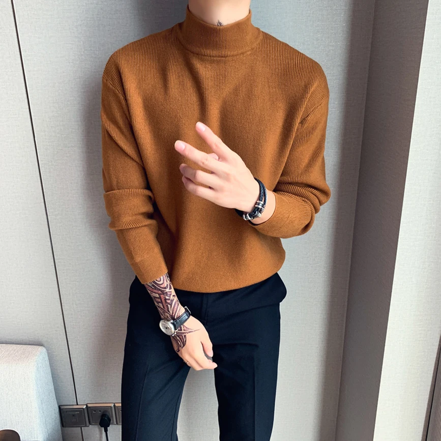 

Slim Fit Long Sve Mid-Ne Knitted Sweater Trendy Wool Core Yarn Knitwear Artistic Sle Casual Pure Color Autumn Faion