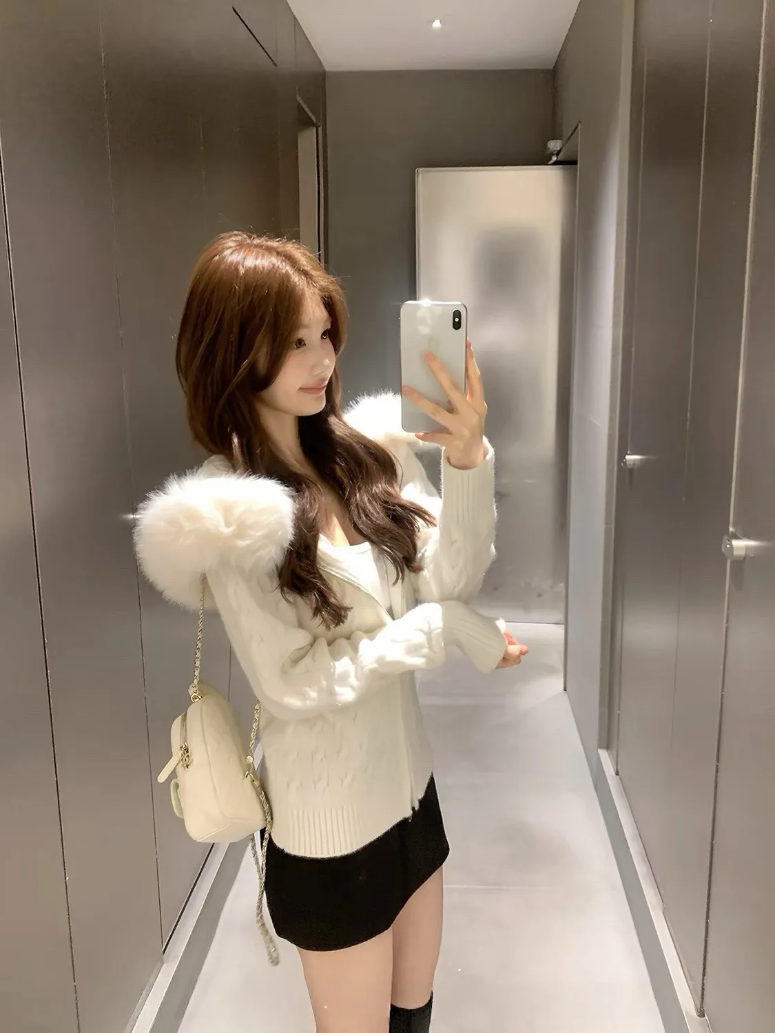 Korean Sweet big Wool Collar Sweater Coat Autumn/Winter 2026 New Style Waistband Slim Fitting Solid Color Knitting Cardigan Top
