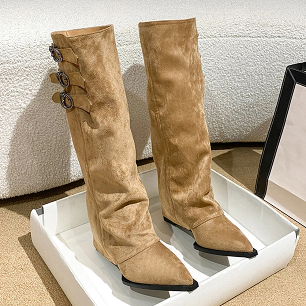 Botas Altas para Mujer, Punta Puntiaguda, Tacón Cuadrado, Tres Correas con Hebilla, Cuero Sintético, Otoño Invierno, Botas de Pierna Ancha Tipo Pantalón