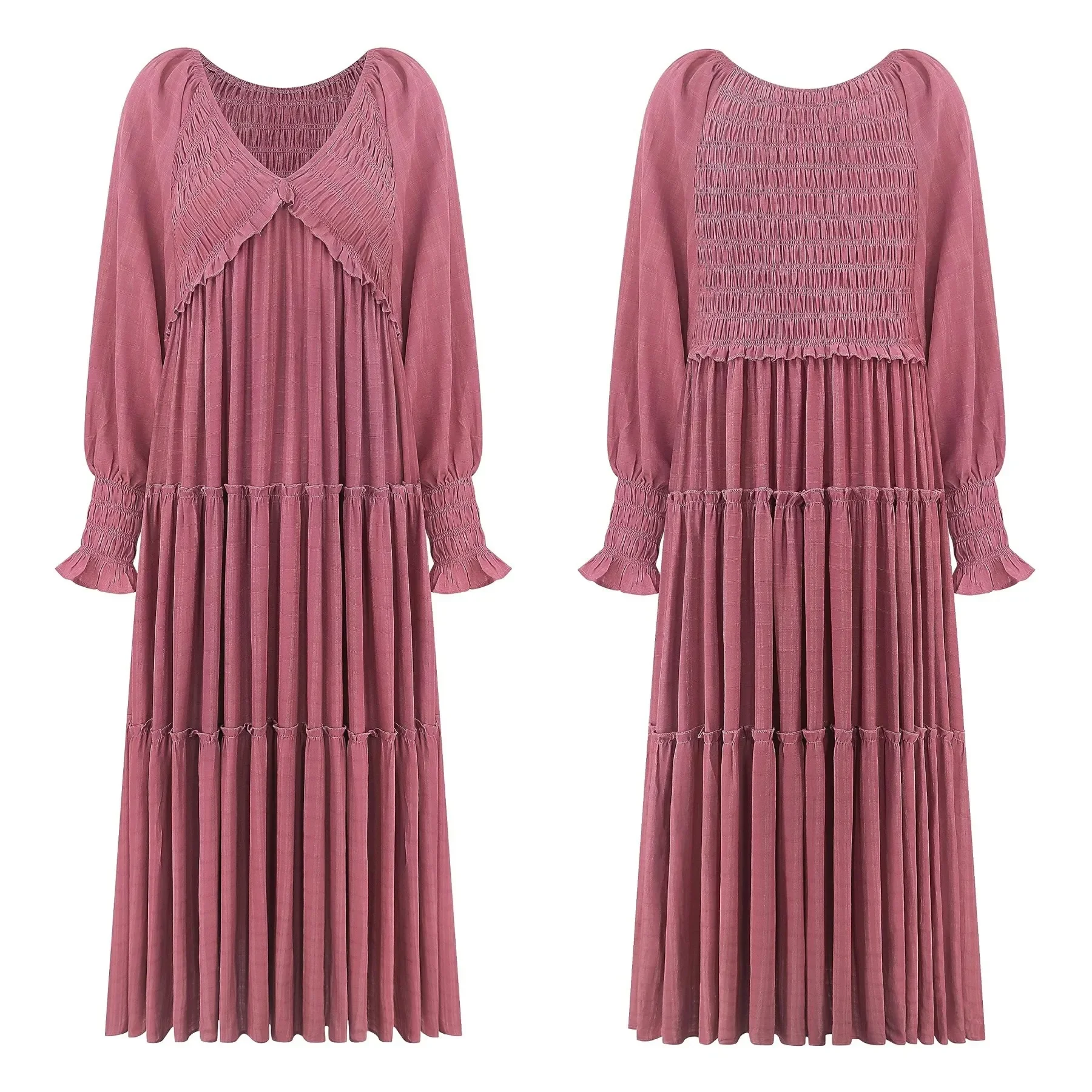 Long Dress Women Vintage V Neck Long Sleeve Dresses Loose Y2k High Waist Shirring Casual Summer Loose 2026 Elegant Slight Strech - Image 5