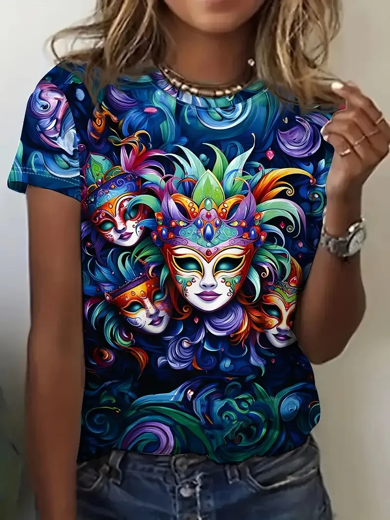 

Женская футболка с полным принтом и маской Марди Гра, повседневная футболка с коротким рукавом и круглым вырезом, новые вечерние футболки, женская одежда