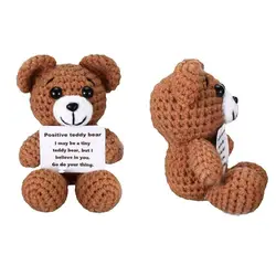 Crochet Positive Energy Bear Doll with Card Christmas Party Gift Handmade Yarn Wool Knitted Animal Ornament Home Room Decoration
