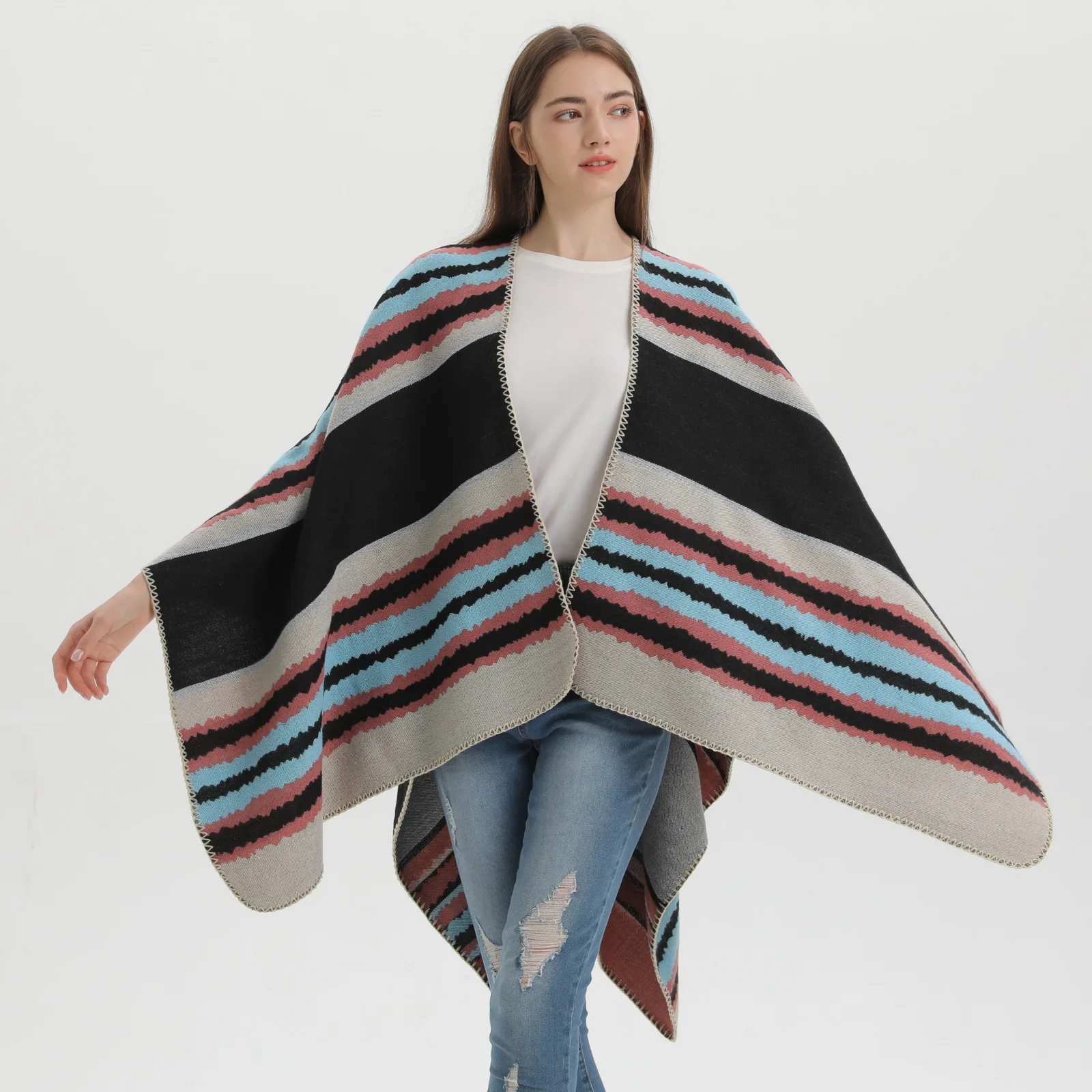 

Faux Cashmere Women Printed Striped SPlit Shawl Cape Autumn Warm Double Side Bat Type Knitted Tassel Poncho Cloak Mantle