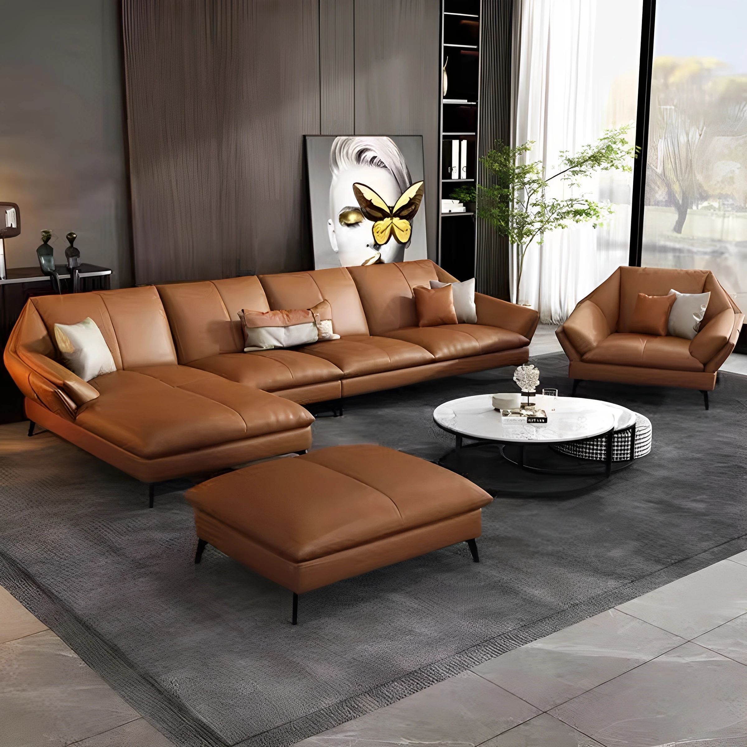 

Italian minimalist leather sofa first layer cowhide simple modern living room Nordic light luxury concubine leather sofa corner