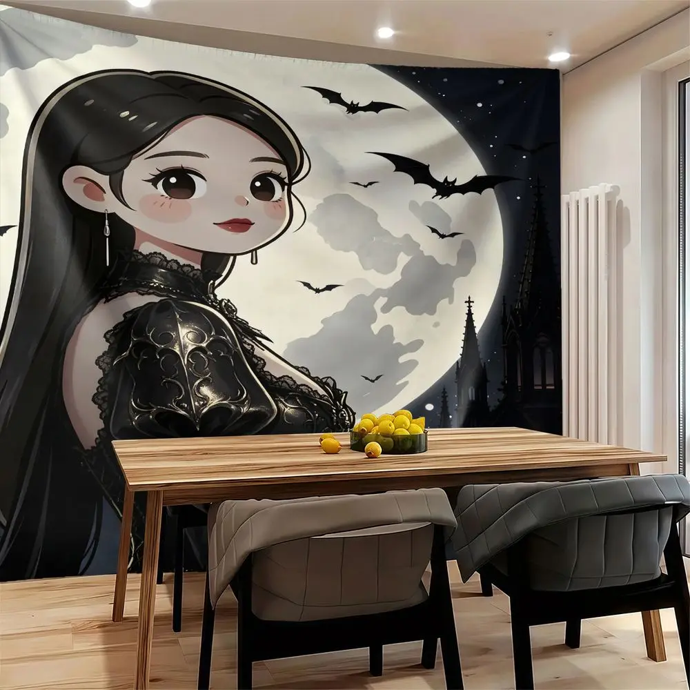 Gothic Vampire Girl Moon Bat Cathedral Tapestry Wall Hanging, Digital Print Bed Sheet Set for Bedroom Living Room Decor