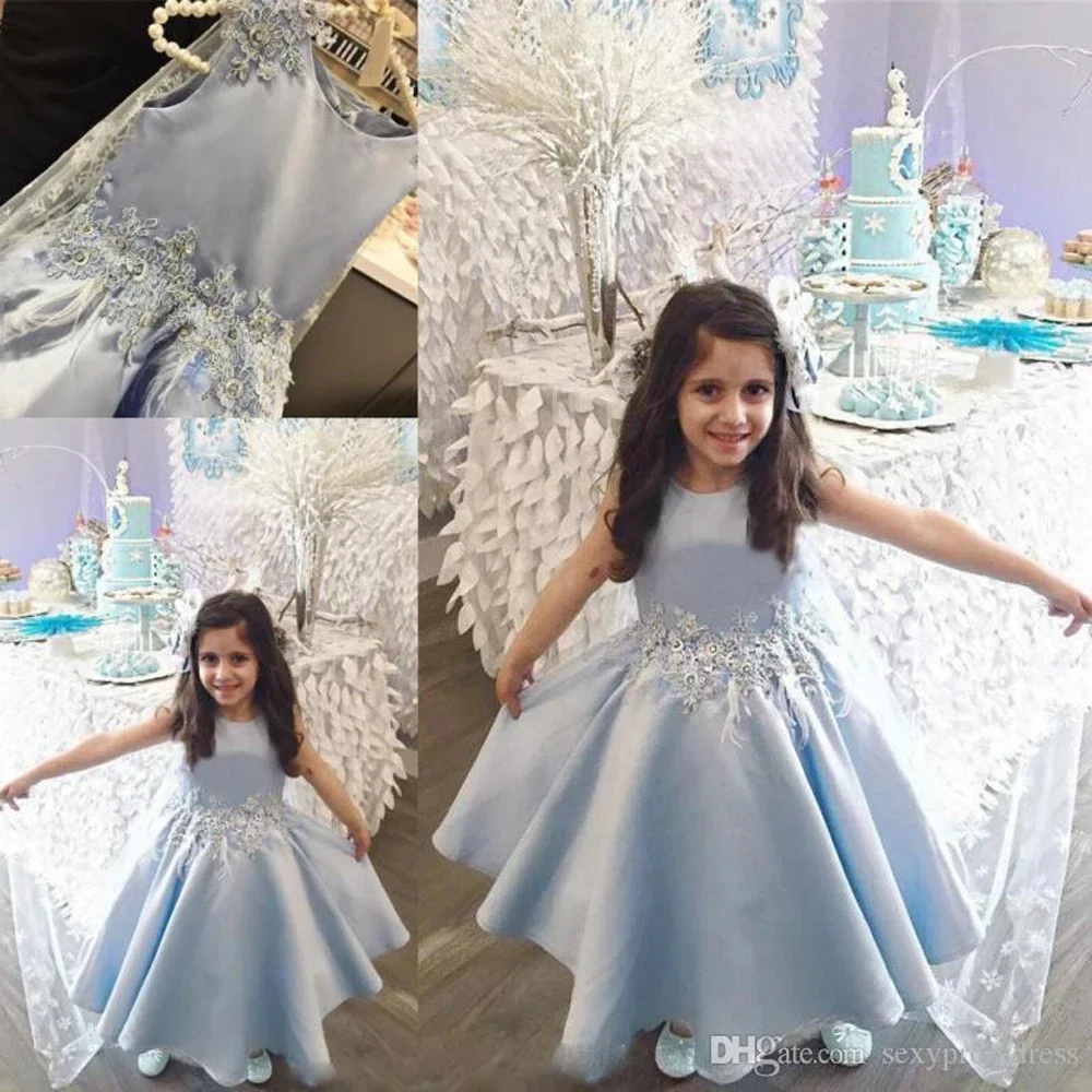 

Light Blue Flower Girl Dresses with Lace Appliques Beads Crew Sleeveless Girls Pageant Gowns Ankle Length Baby Formal Party