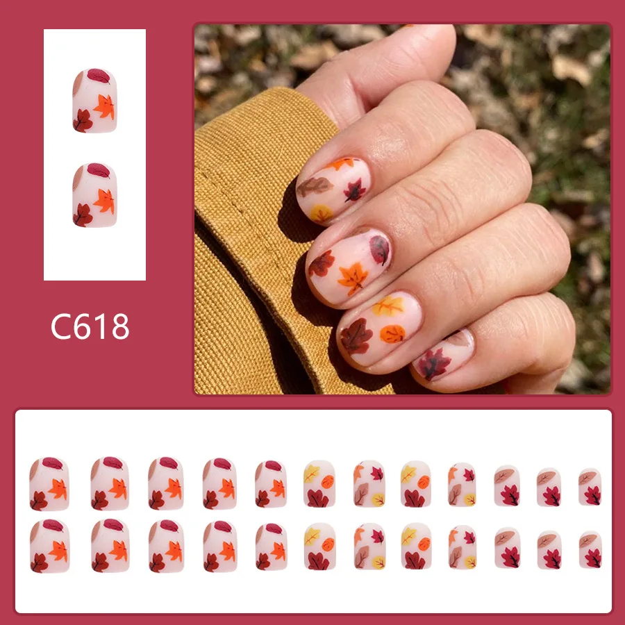 24Pcs Short Square Press on Nail Fiery Red Maple Leaves Gentle Falling leave Fake Nail Autumn and Winter wearable Nail for Women