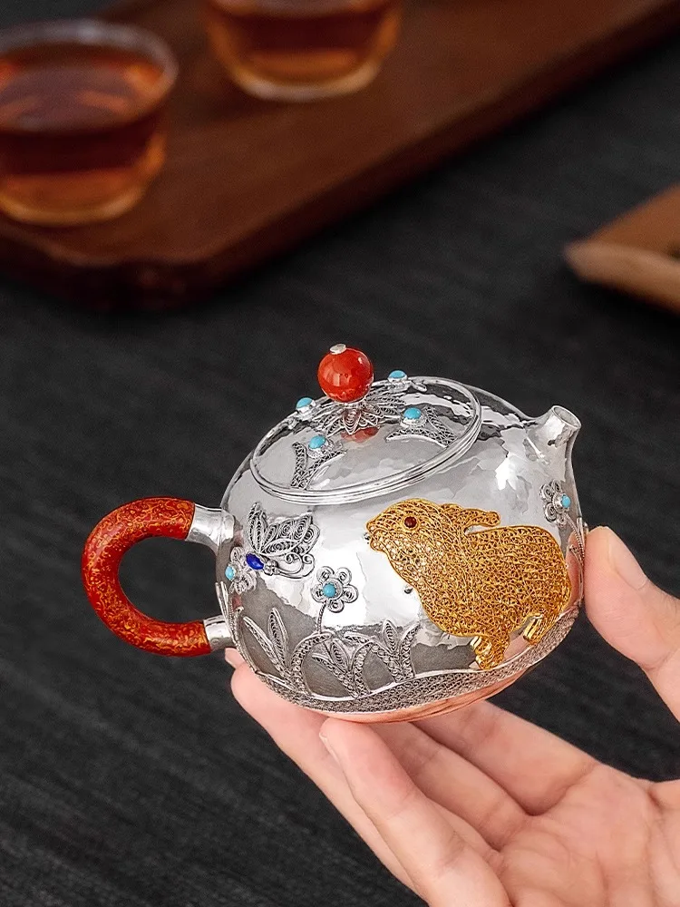 Pure Silver 99.9% Silver Pot Xishi Tea Pot Silver Pot Handmade Silk Inlaid Silver Tea Pot Kung Fu Tea Set