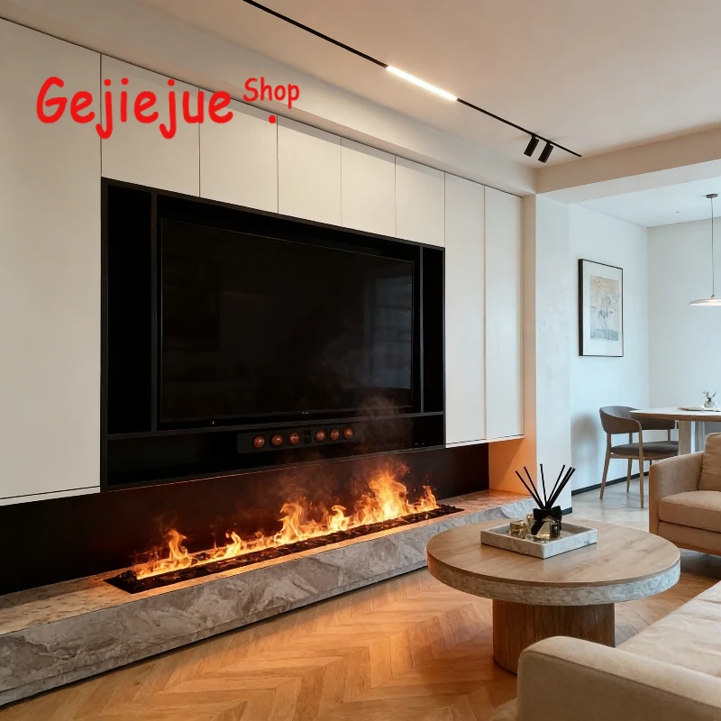 Modern Arabic Style Electric Gold Mist Light Fireplace, Geometric Design Water Vapor Fireplace for Luxury Hotel Lobby 3d Flame