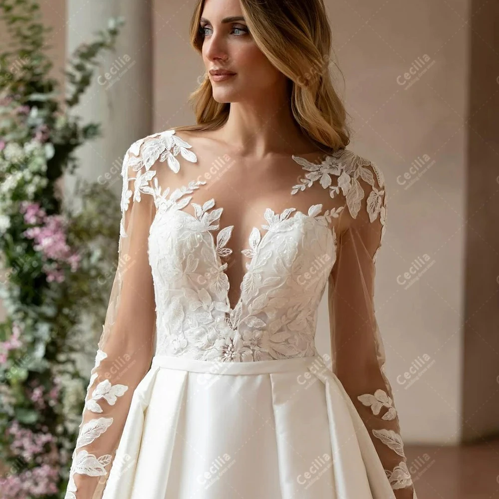 Elegant Wedding Dresses A Line Satin Bridal Gowns Lace Appliques Full Sleeves Robe For Formal Party Customized Vestidos De Novia